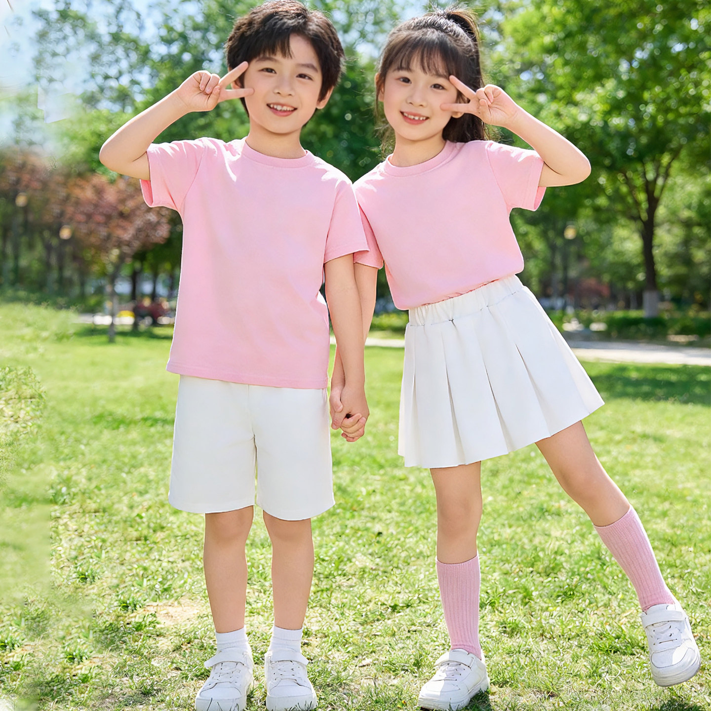 六一儿童表演服装粉色上衣运动会男童女童夏装彩色多巴胺短裙套装