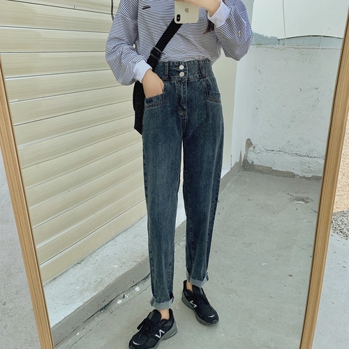 Real-price autumn new Korean version of loose and slim straight trousers, 9-minute trousers, high-waist jeans and trousers