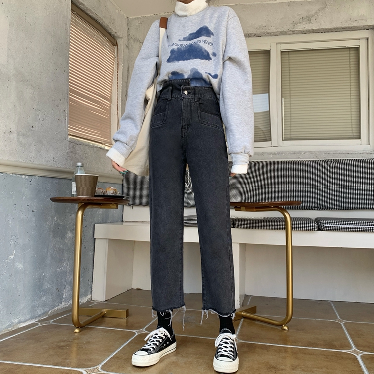 Real price real shot new style smoke grey straight pants high waist show thin loose versatile women's jeans