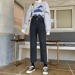 Real price real shot new style smoke grey straight pants high waist show thin loose versatile women's jeans