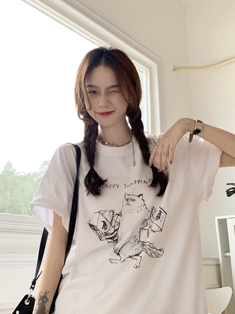 Korean fun cat print short sleeve T-shirt