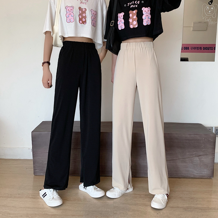 Real price new high waist thin split casual pants women's loose straight wide leg pants