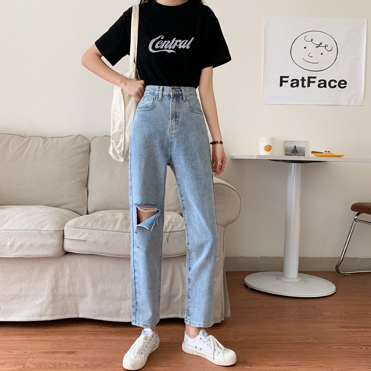 Real price real shot Korean version loose high waist straight leg pants show thin father pants hole jeans woman