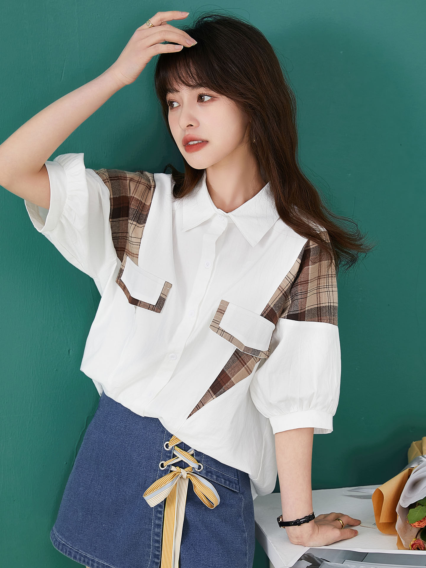 여름 디자인 틈새 코튼 셔츠 반팔 다용도 심플 루즈 슬리밍 체크 무늬 셔츠 여성용 시크 탑