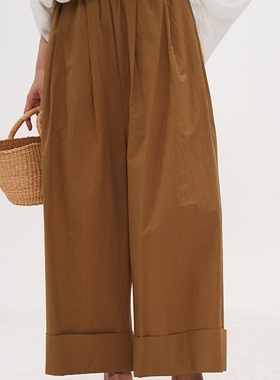 谭烟米 南瓜橙色匹马棉休闲裤夏季薄款松紧腰九分裤宽松直筒裤子