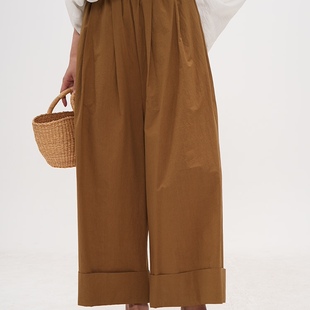 谭烟米 南瓜橙色匹马棉休闲裤夏季薄款松紧腰九分裤宽松直筒裤子