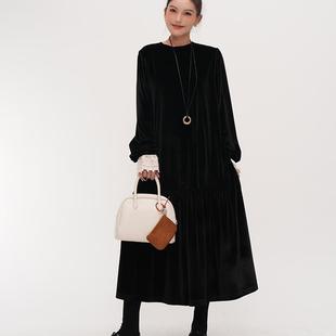 谭烟米 黑色丝绒连衣裙女感气质赫本风法式复古打底长袖长裙