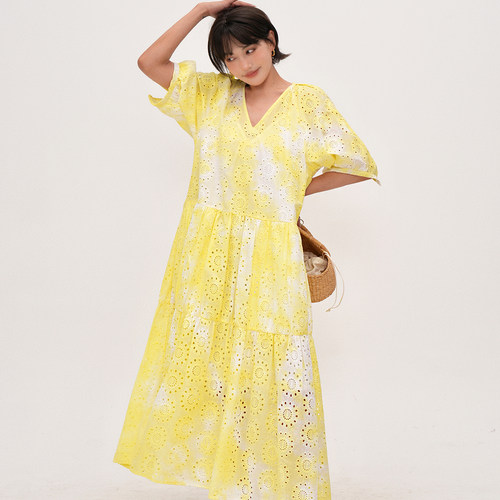 谭烟米黄色领连衣裙女夏季宽松