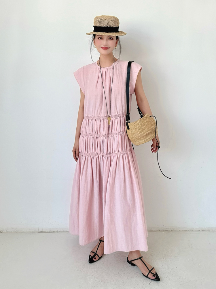 小飞袖感贝壳粉亚麻长裙少女感