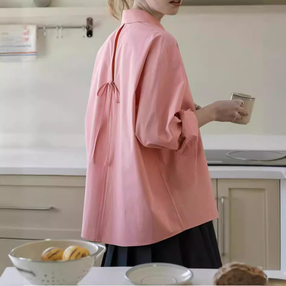 MELLIIY 2025春秋新款慵懒舒适宽松纯棉长袖粉色衬衫女设计感小众