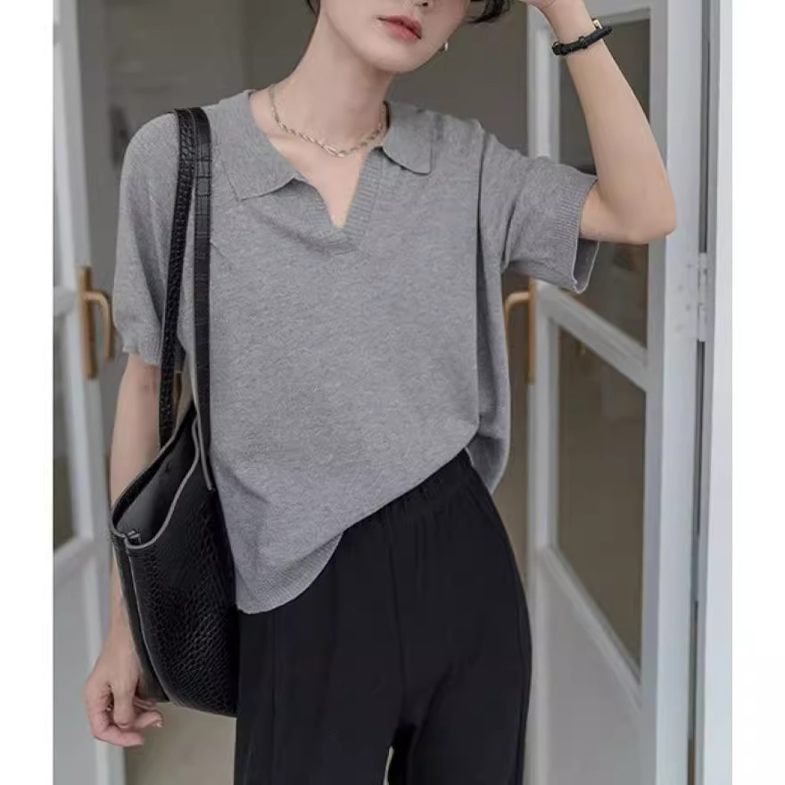 「GUIER」针织短袖t恤女2024年新款夏季polo领设计感小众薄款上衣
