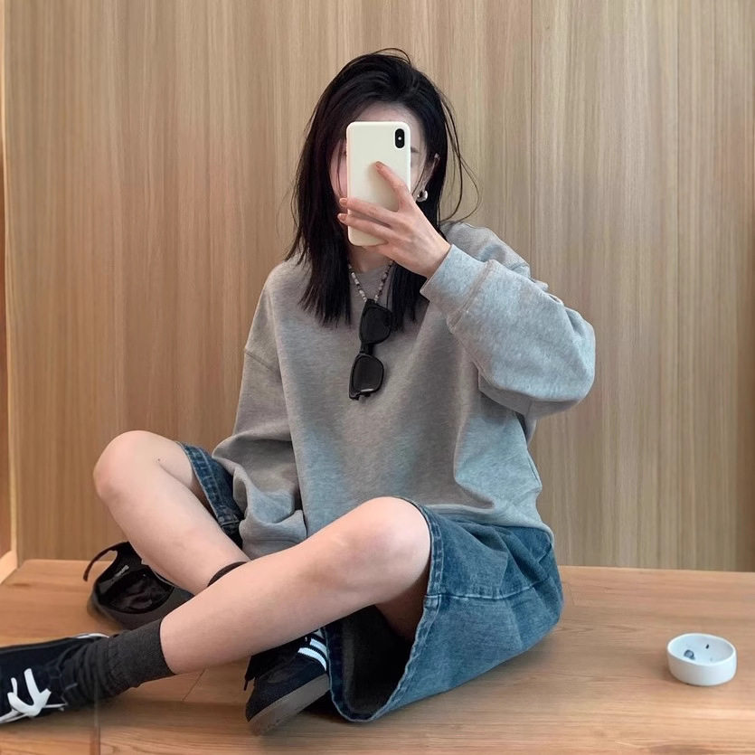 约克假日 自留推荐！质感太空棉圆领灰色卫衣女春秋百搭