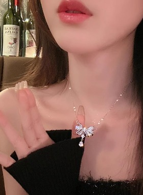 在逃公主仙女之泪微镶锆石蝴蝶结水滴项链轻奢小众设计高级感颈链