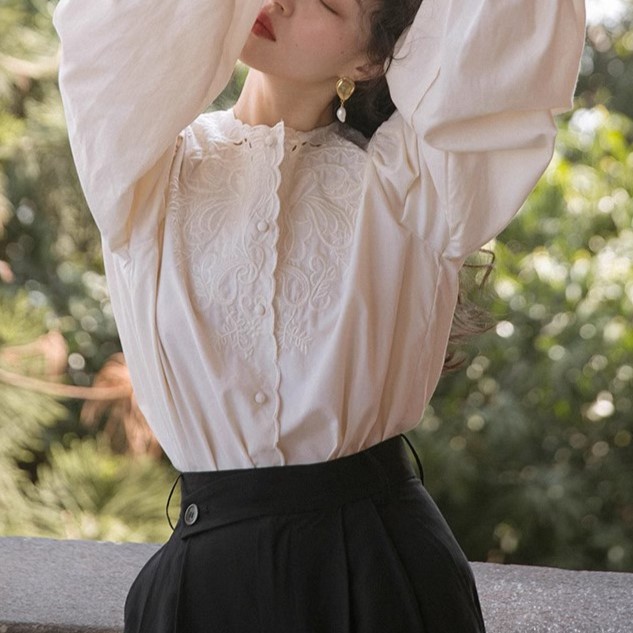 Dailyart法式复古刺绣上衣设计感小众镂空衬衣灯笼袖衬衫女