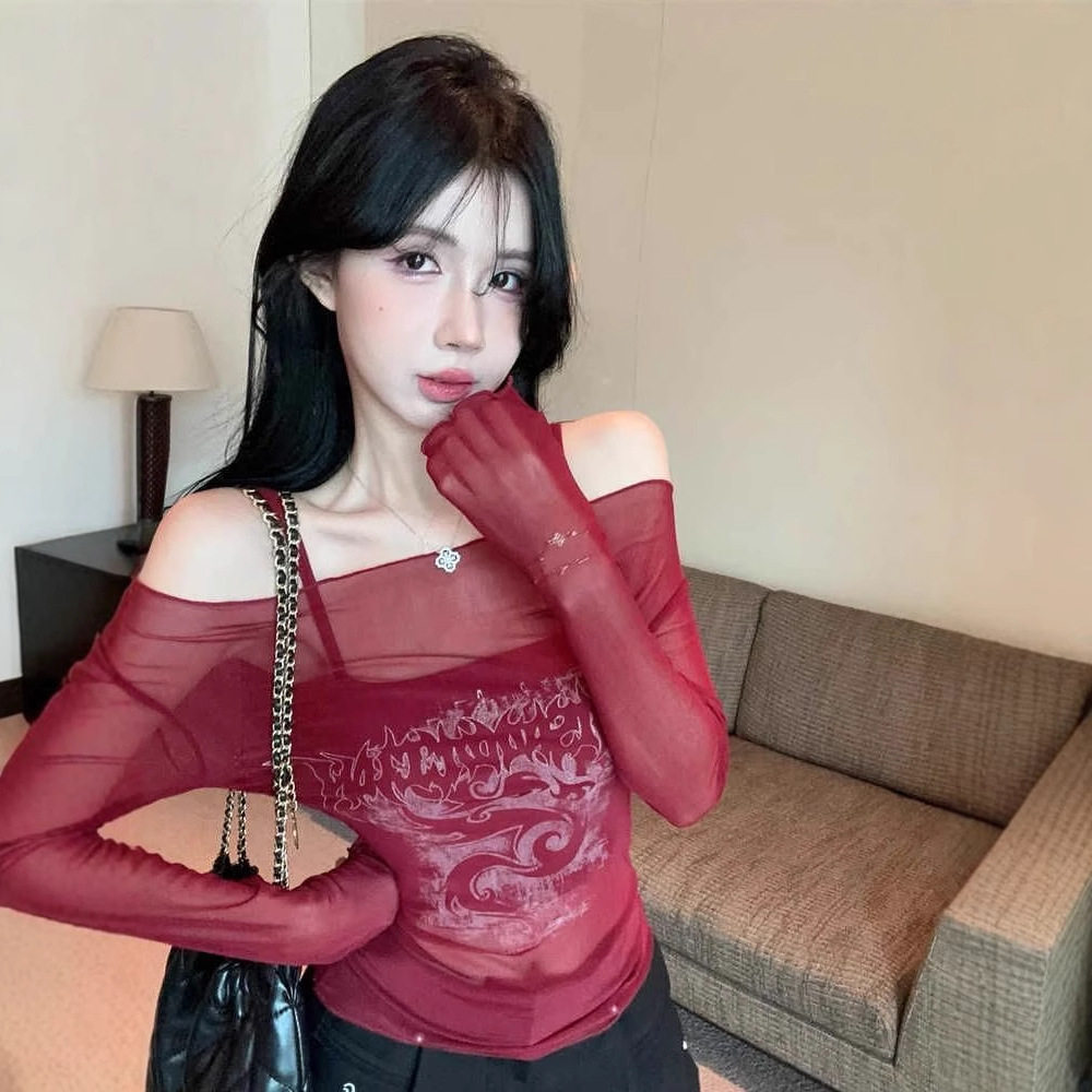 酒红甜辣妹一字肩网纱防晒上衣