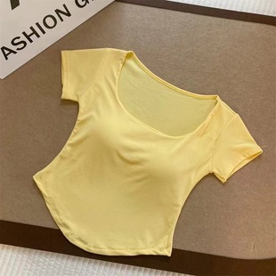 夯大力cos白晶晶上衣U领T恤少女纯欲风浅黄色短袖修身显瘦女衣服