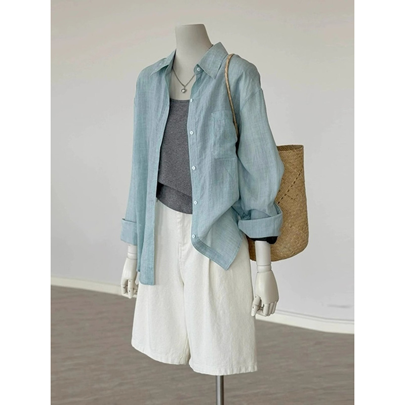 港风复古Polo领长袖棉麻衬衫外套女夏款松弛感休闲宽松百搭衬衣