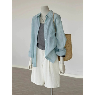 港风复古Polo领长袖棉麻衬衫外套女夏款松弛感休闲宽松百搭衬衣