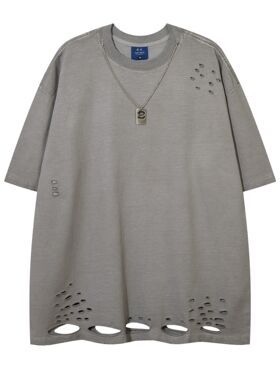 城市捉迷藏周也同款灰色t恤破洞夏季短袖美式情侣tee恤暗黑系中性