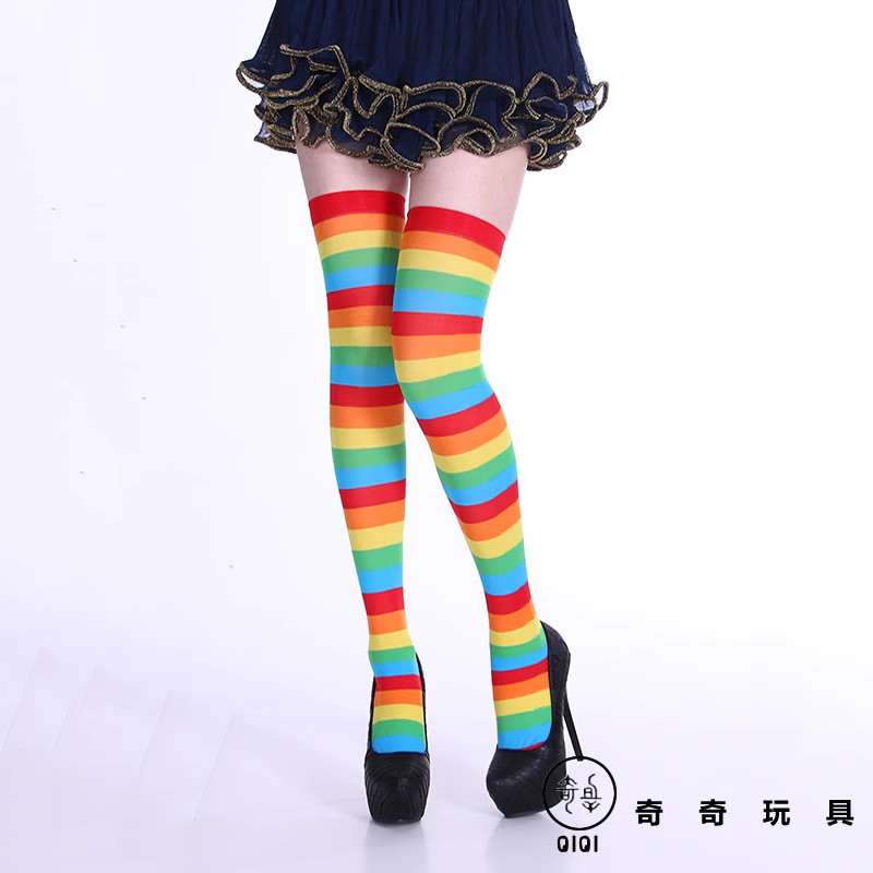 万圣节圣诞节条纹长筒袜派对服饰配件过膝袜子条纹袜单色彩色丝袜