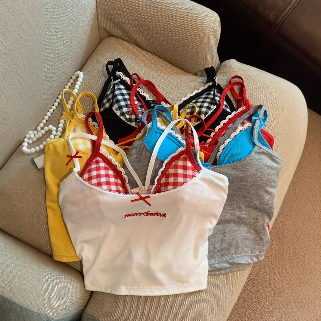 蕾丝格子胸衣吊带背心女夏外穿短款美背带胸垫上衣纯欲辣妹两件套