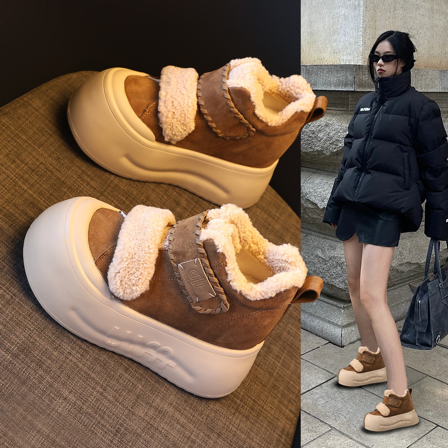 9119-5A厚底内增高魔术贴加绒保暖高帮棉鞋女2025冬季百搭毛毛鞋