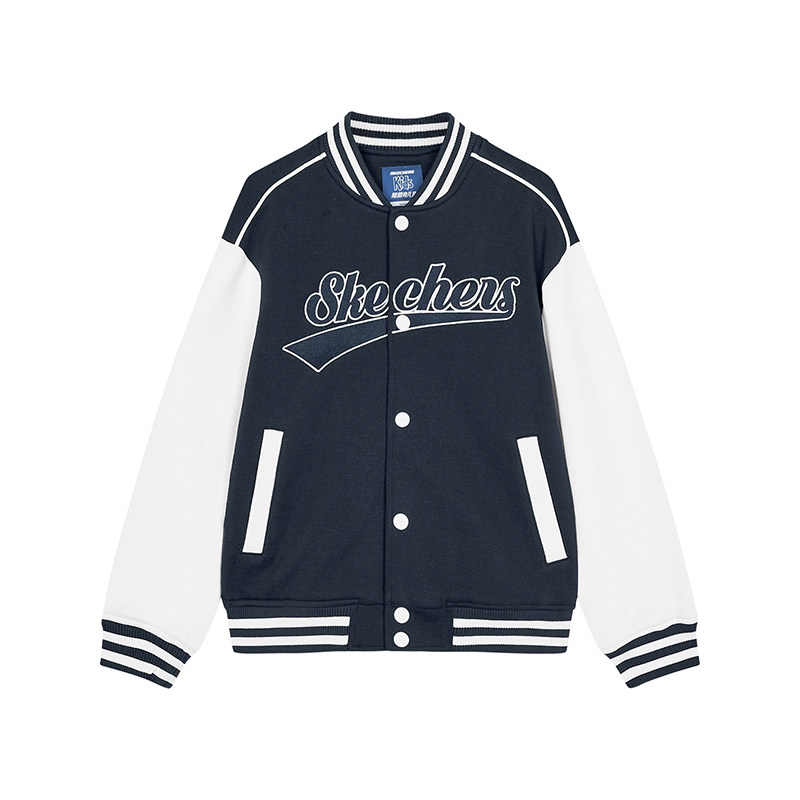 斯凯奇25春季男女童学院风撞色棒球服美式休闲外套L125B031