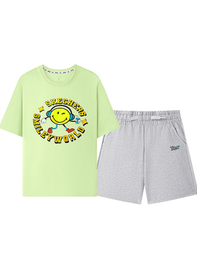 斯凯奇男女童2025春新款运动休闲短袖T恤短裤套装L225K015-004K