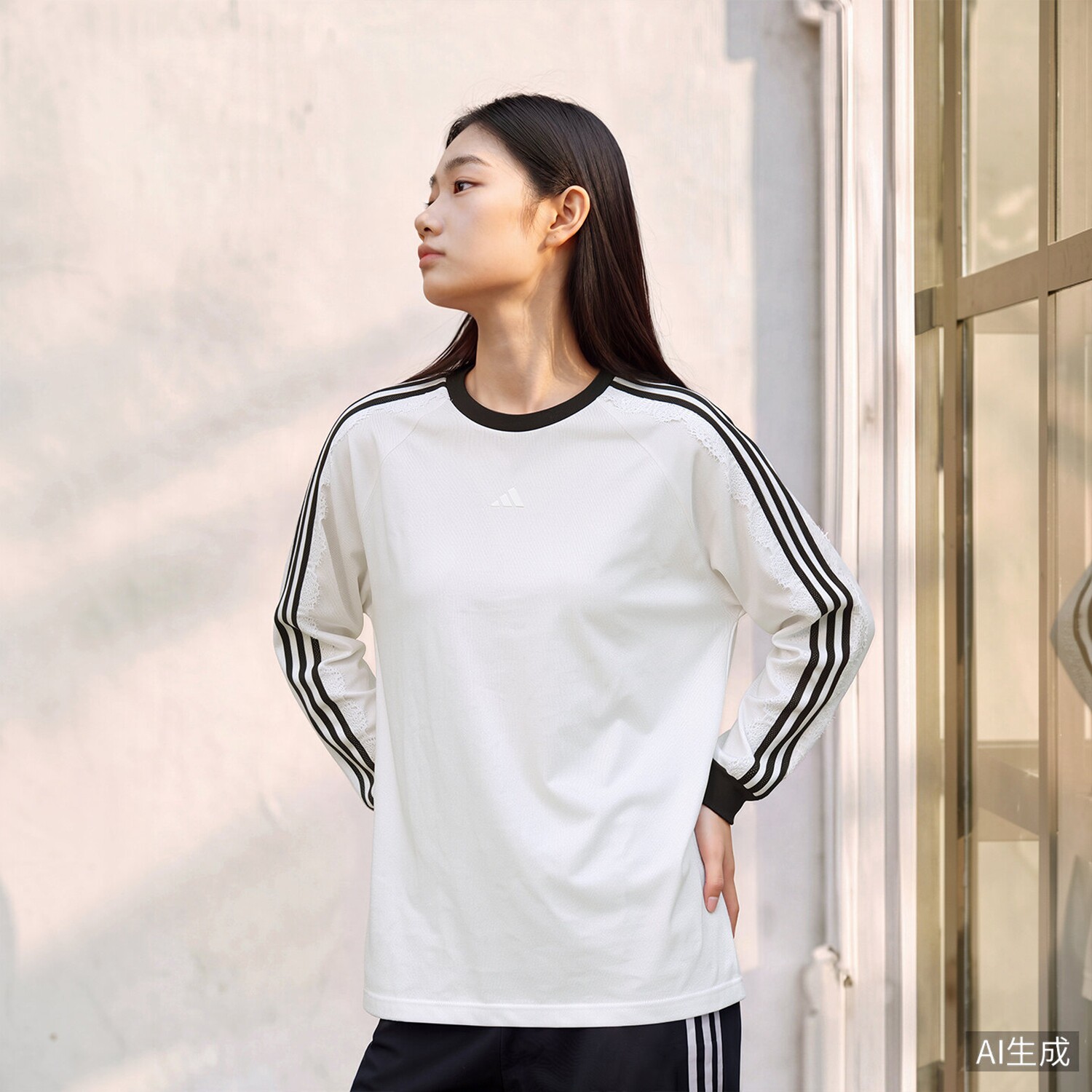 阿迪达斯女子三条纹舞动系列蕾丝花边休闲长袖T恤LD8223