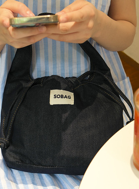 sobag日系丹宁牛仔帆布手拎单肩腋下包女简约抽绳手挽手提小布包