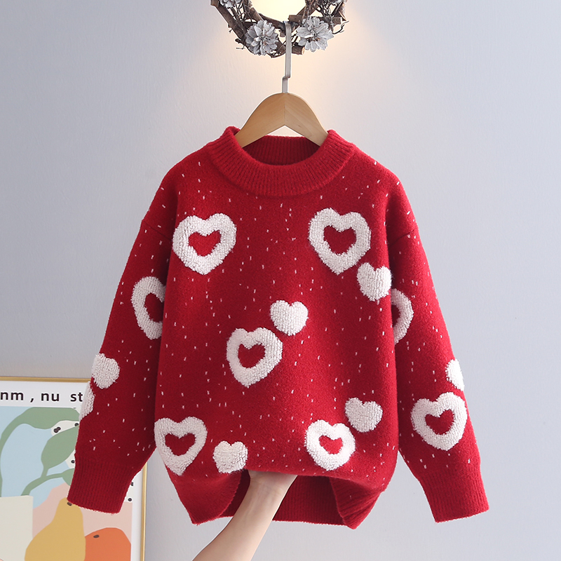 女童秋冬新款加厚红色过年毛衣