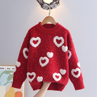 女童毛衣红色过年爱心冬季儿童加厚洋气2025秋冬新款女大童针织衫