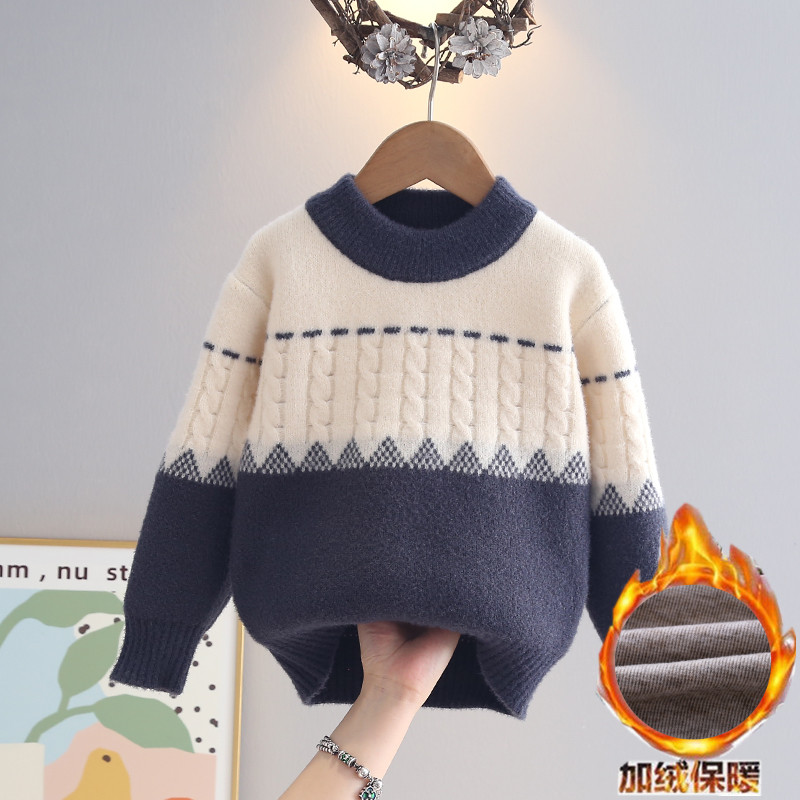 儿童毛衣男童男孩加绒加厚洋气圆领套头2025秋冬新款儿童针织衫