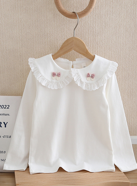 女童打底衫2025新款春装T恤儿童长袖t恤中小童洋气上衣白色娃娃领