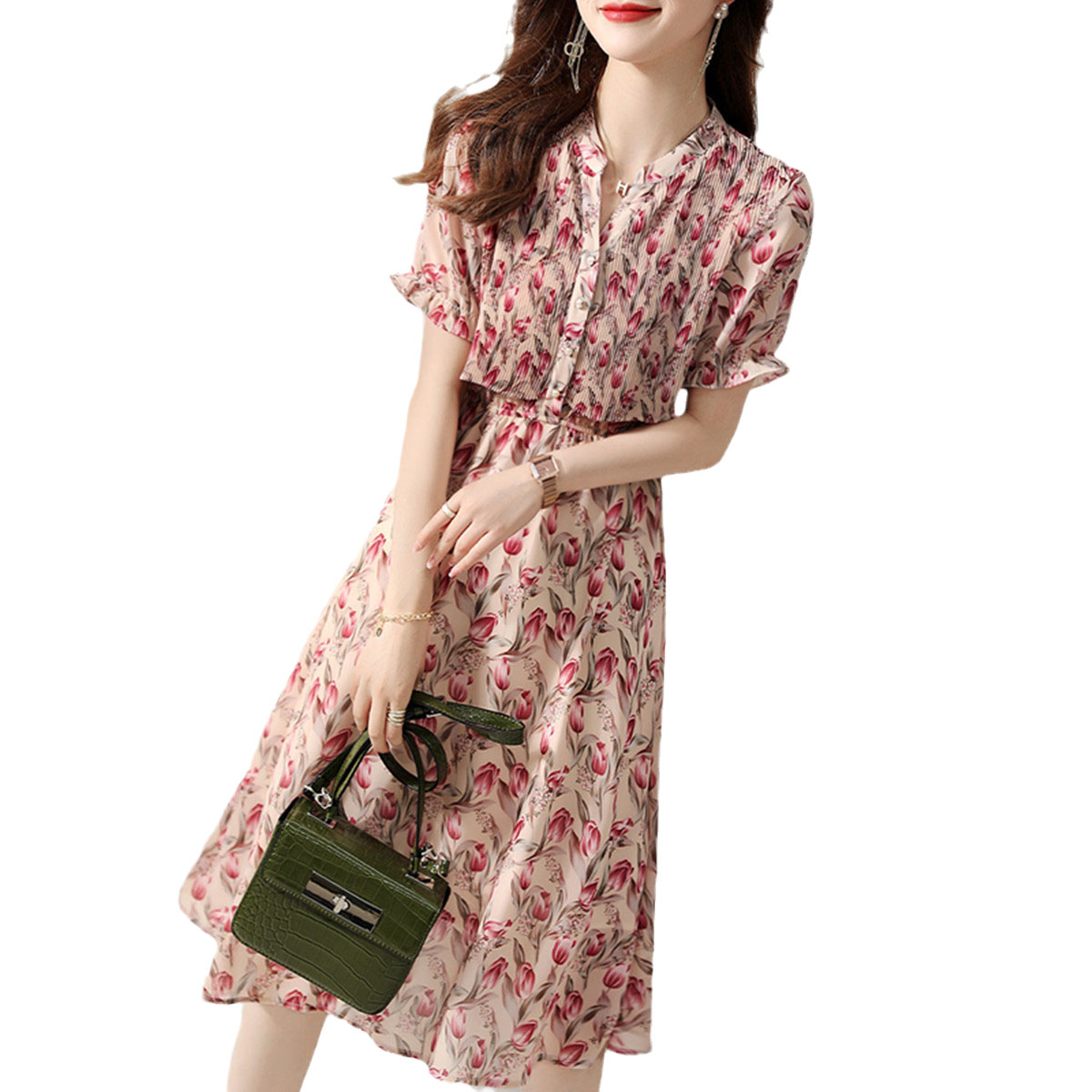 Fashionable brace, silk dress, floral print Fashionable brace, silk dress, floral print