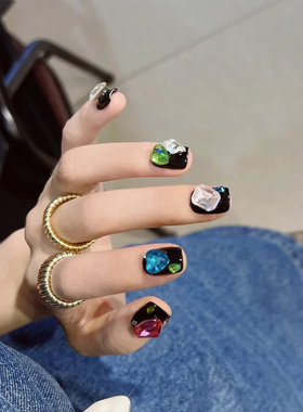 指甲贴片 手工定制美甲贴片 黑色大钻短款甲片穿戴甲 小猴子同款