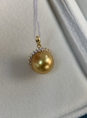 10.5-11mm天然色浓金南洋珠吊坠18k金挂件太阳花吊坠海水珍珠吊坠