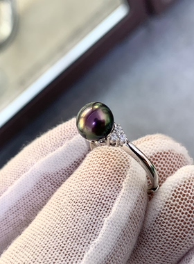 天然色极光淡水珍珠戒指8-9mm纯银戒指无瑕