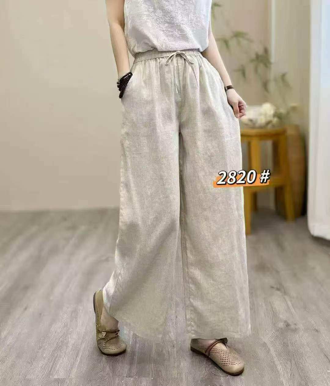 KSD2026夏新韩版简约亚麻阔腿裤女九分显瘦直筒裤松紧腰休闲裤潮