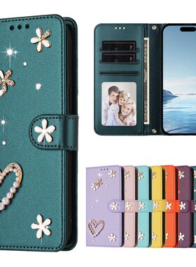 适用于三星 A34/M04/F04/A04E/A54/A14 4G 5G手机套防摔翻盖保护皮套全包TPU软外壳手工镶钻时尚女