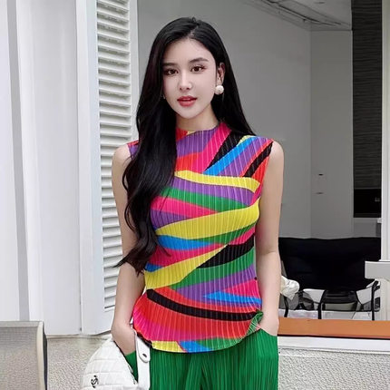 春夏时尚立领无袖新款褶皱女装显瘦小印花修身百搭薄款背心T恤