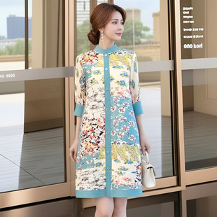 新中式国风印花裙子女装端庄大气妈妈连衣裙春褶皱大码衣服弹簧裙