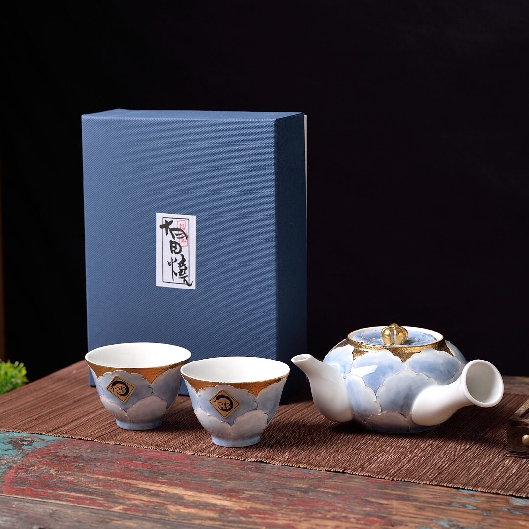 日本进口手绘金边牡丹有田烧文山窑手工陶瓷茶壶主人茶杯礼盒套装