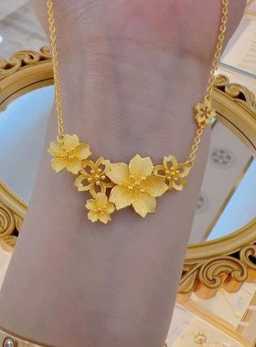 新中式繁华似锦沙金饰品三生花项链女气质小众时尚新桃花锁骨链