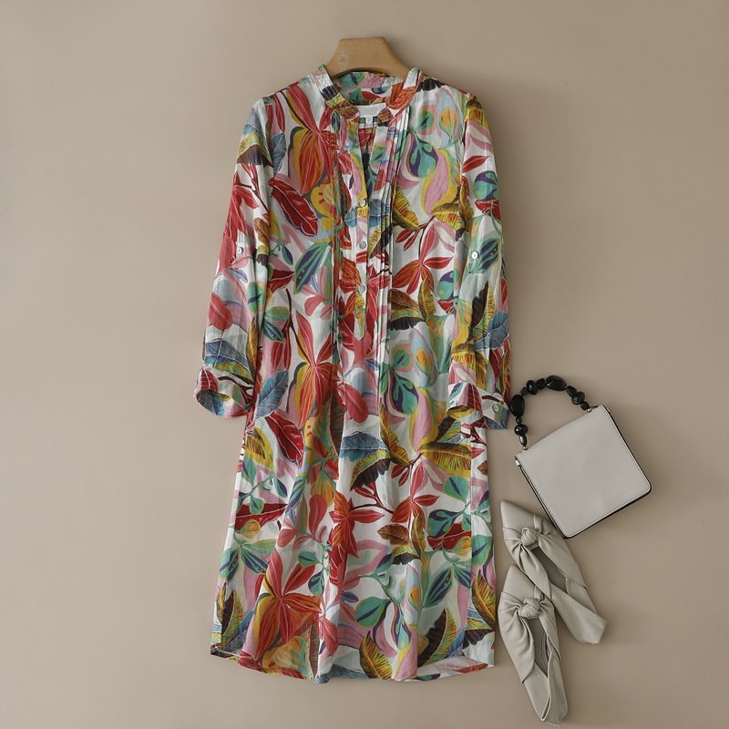 纯亚麻立领印花七分休闲连衣裙