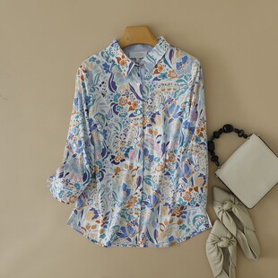 外贸原单 出口德国春秋大码女装 翻领印花八分袖两用袖衬衫女上衣
