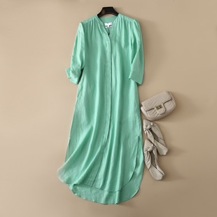 外贸原单 出口德国夏大码女装毛边款 纯亚麻素色连衣裙休闲长裙