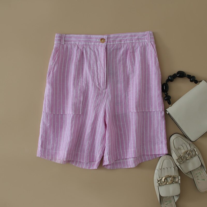 外贸原单 出口德国 纯亚麻橡筋腰条纹女士休闲短裤 大码女裤3色