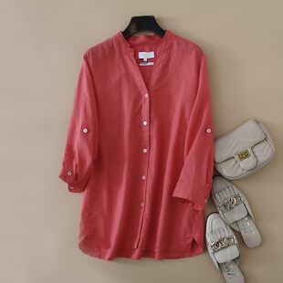 外贸原单 出口德国V领纯亚麻七分两用袖衬衫上衣 春夏大码女装5色