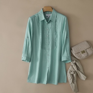 外贸原单 出口德国春夏大码女装翻领纯亚麻两用袖七分袖衬衫上衣